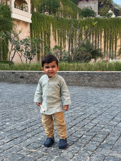 We love dressing the little ones too. This adorable kurta set is made from our soft and comfortable slub silk, perfect for keeping kids stylish during festive celebrations.