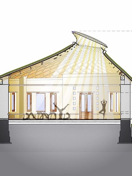 A section drawing of the yoga hall, illustrating how the bamboo roof structure allows for a wide, open-span interior. The design lets light filter through the bamboo, creating a serene, dappled effect perfect for a meditative space.