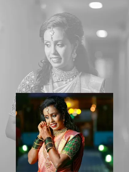 An elegant layered portrait of the bride, her colorful image popping against a monochrome background, capturing her smile as she gets ready.