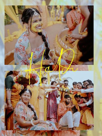 A collage showing the bride's happy expressions during her Haldi ceremony, overlaid with the word "Haldi."