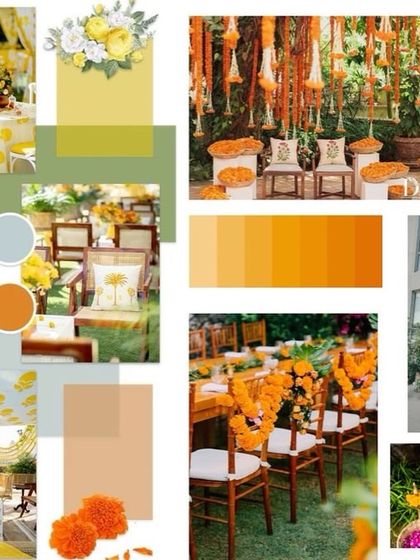 An inspiration board for a Haldi ceremony, combining traditional marigolds with a fresh color palette of yellow, green, and orange.