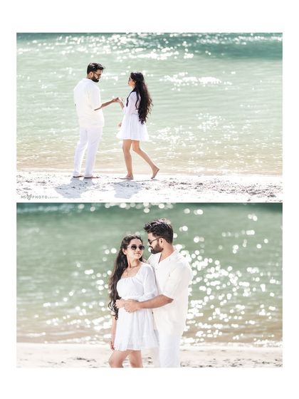 A simple two-photo layout from a beach shoot, showing both a candid interaction and a posed portrait.