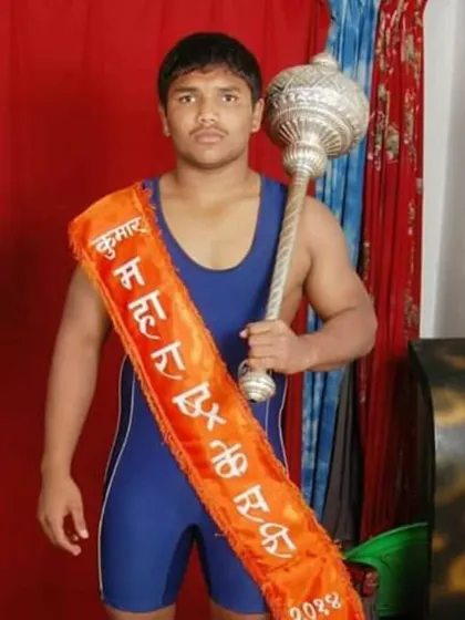 A poster celebrating Kumar Maharashtra Kesari, Pailwan Vaibhav Raskar. We honor the champions of our sport and inspire our wrestlers to aim for such prestigious titles.