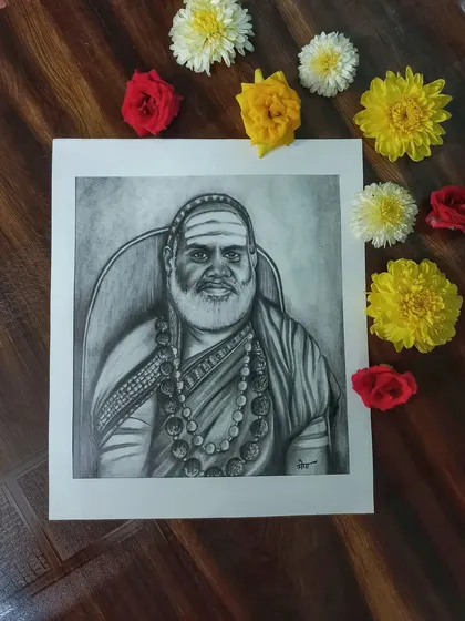 This graphite pencil portrait of Shree Bharathi Tirtha Mahaswamiji of Sringeri was a deeply meaningful project for me. I focused on capturing a sense of peace and reverence, using careful shading to create depth. It is an honor to draw figures who inspire such devotion.