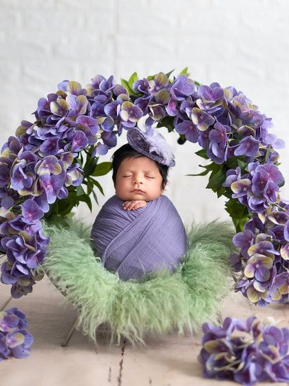 This newborn is posed in a cozy nest of green fur, framed by a beautiful arch of purple hydrangeas. The color combination creates a striking and lovely portrait.