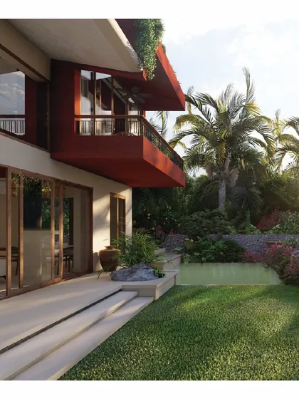 The 'Red Haus' is a four-bedroom villa in Lonavala defined by its exaggerated cantilevered forms and textured terracotta red walls. These architectural choices give the home a distinct identity that is both modern and deeply connected to the earth.