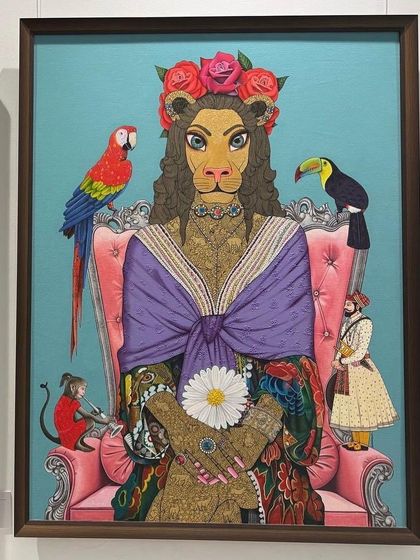 A vibrant painting inspired by Frida Kahlo, reimagining her as a lioness queen, surrounded by tropical birds and adorned with a crown of roses.