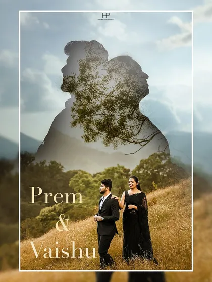 An artistic double exposure portrait combining the couple's silhouette with the mountainous landscape they were shot in. This creative technique adds a layer of storytelling, blending your love with the location.