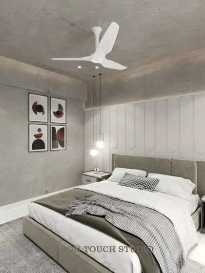 This 3D bedroom render features a calming, minimalist design with a concrete-finish ceiling, a textured headboard wall, and elegant pendant lighting.