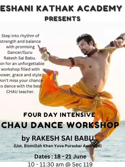A poster for an intensive four-day Chhau dance workshop at Eshani Kathak Academy in Noida. I often collaborate with other dance schools to conduct specialized training sessions.