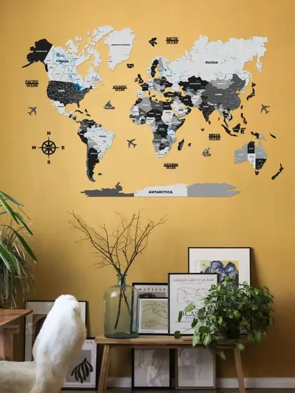 This 3D wooden world map in a black and grey color scheme offers a modern and monochromatic look. It's a sophisticated and stylish addition to any office or minimalist living space.