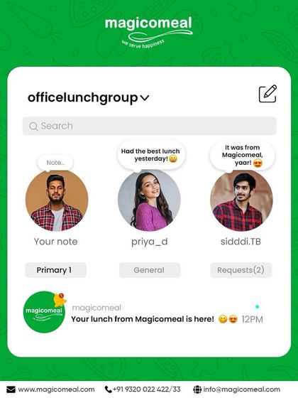 The office lunch group is always buzzing when my food arrives. This graphic captures the positive word-of-mouth and excitement surrounding my daily meal service.