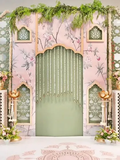 I blend tradition with modern aesthetics to create something truly special. This setup, inspired by Pichwai art, is perfect for a baby shower, naming ceremony, or housewarming, featuring custom backdrops, elegant brass props, and beautiful floral arrangements.