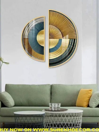 A stunning abstract diptych, these two semi-circular crystal paintings feature a radiating geometric pattern in blue and gold. Together, they form a complete circle that is both modern and mesmerizing.