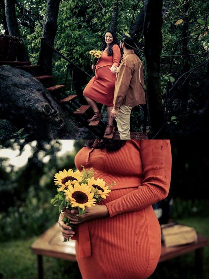 A collage showing a couple's journey in a rustic, wooded setting, including moments on a treehouse staircase. It highlights a unique and adventurous style of maternity shoot.