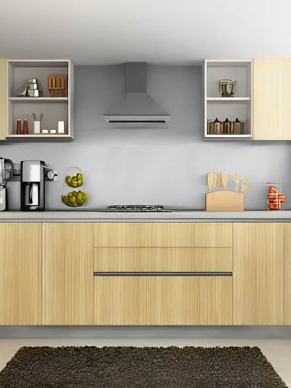 This U-shaped kitchen features a clean and natural aesthetic with light wood-finish cabinets. The design includes open shelves for easy access to spices and essentials, creating a highly functional and organized cooking environment.