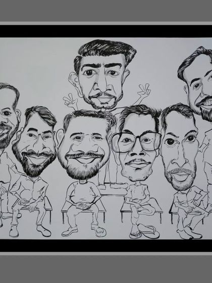 Here’s the black and white line art for the group of friends. This stage is all about getting the likenesses and expressions right before I bring in the color.