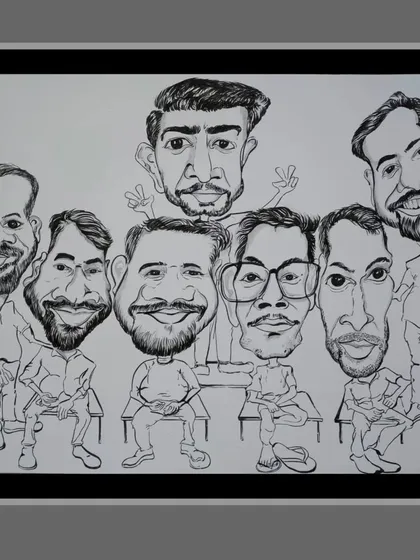 Here’s the black and white line art for the group of friends. This stage is all about getting the likenesses and expressions right before I bring in the color.