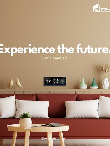 Experience the future of home control. The HomePad, placed elegantly above a console table, replaces clutter with a single, powerful device for managing your entire home.