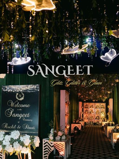 The decor for a "Glitzy & Glamorous" Sangeet, featuring a welcome sign, a beautifully decorated hallway, and custom branding.