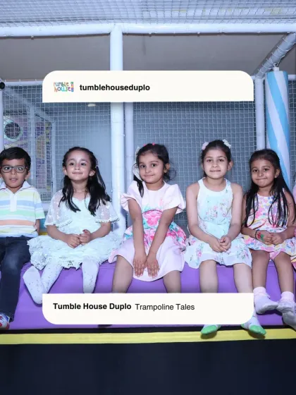 A group of friends taking a break from bouncing on the trampoline. Birthday parties are all about making memories with your favorite people.