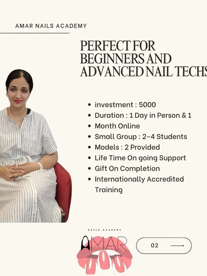 My internationally accredited training is perfect for beginners and advanced nail techs. The course includes one day of in-person training and one month of online support, with models provided for practice.
