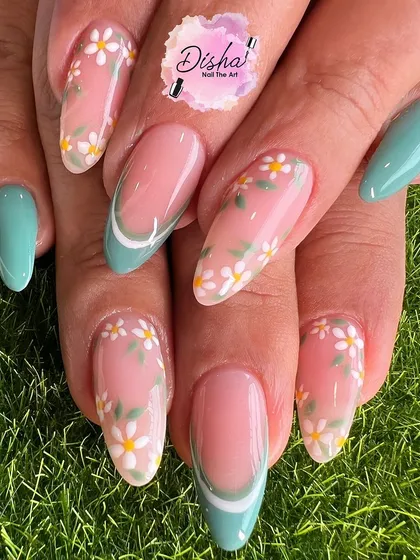 A beautiful and fresh design with a mint green base and hand-painted daisies.