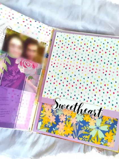A 'Sweetheart' page from a colorful floral and heart-themed scrapbook.