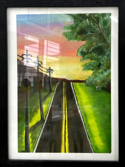 A beautiful landscape painting of a road at sunset, created by a student in our oil painting course.