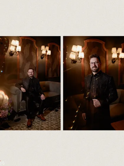 A diptych of the groom in a moody, luxurious setting. These portraits showcase his elegant black sherwani and capture a relaxed yet sophisticated demeanor.