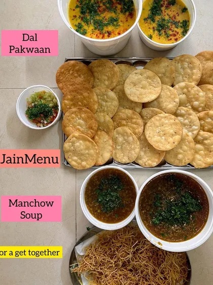 A Jain get-together meal with Dal Pakwaan and Manchow Soup.