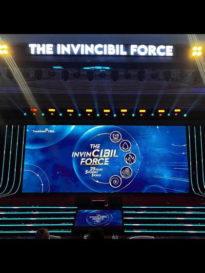 The main stage for the TransUnion CIBIL Annual Offsite, themed 'The Invincible Force'. We managed the entire two-day event, including launches, leadership sessions, and entertainment.