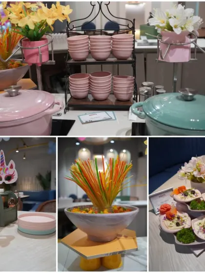Our food station is always ready for a party! We offer a colorful and delicious spread with a variety of kid-friendly options, served in beautiful pastel cookware.
