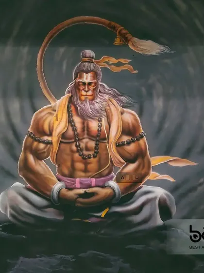 This is the final look of the Hanuman ji mural in a Saket gym. The focus is on his muscular physique and calm intensity, a combination of power and peace that is perfect for a fitness center.