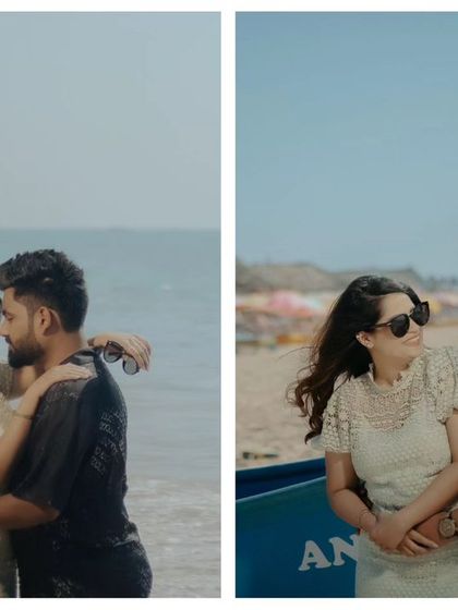 A diptych of intimate moments on a Goan beach. These close, candid shots capture the couple's gentle affection and the relaxed, sun-kissed vibe of their shoot.