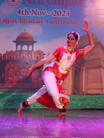 A dynamic movement captured during my performance. Bharatanatyam is a blend of fluid grace and sharp, energetic movements, creating a captivating visual experience.