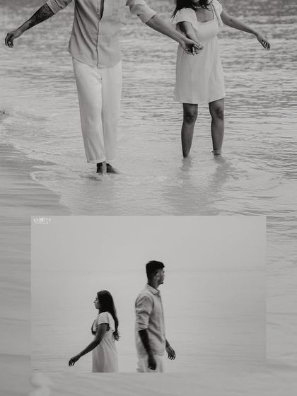 A moody black and white composition on the beach. The contrast and grain give these shots a timeless, cinematic quality, focusing purely on form and emotion.