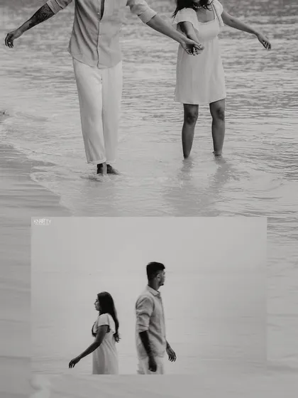 A moody black and white composition on the beach. The contrast and grain give these shots a timeless, cinematic quality, focusing purely on form and emotion.
