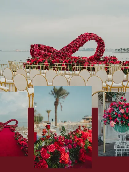 A mood board-style collage of the red and pink floral decor from the Doha beach wedding.