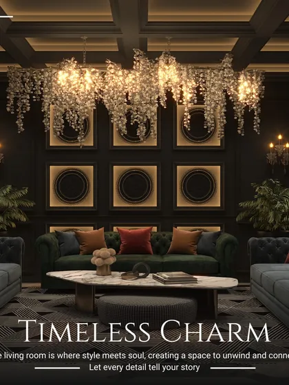 This living room exudes timeless charm with its dark, moody color palette, coffered ceiling, and a stunning crystal chandelier that seems to drip from the ceiling. It's a space that is both dramatic and deeply inviting.