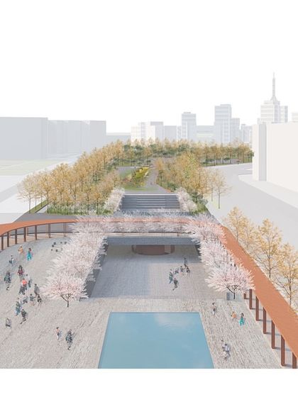 An elevated view of the Kharkiv Freedom Square proposal, showing how the design creates multiple levels for different activities. A wide plaza with a water feature sits at a lower level, while an elevated park and bridge offer green pathways through the city.