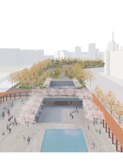 An elevated view of the Kharkiv Freedom Square proposal, showing how the design creates multiple levels for different activities. A wide plaza with a water feature sits at a lower level, while an elevated park and bridge offer green pathways through the city.