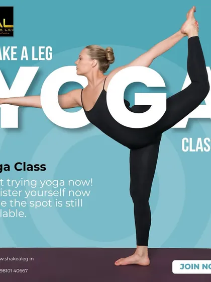 It's not all high-energy beats. We also offer yoga classes to help you find balance, increase flexibility, and calm your mind. This image shows the grace and strength you can build through a consistent yoga practice with us.