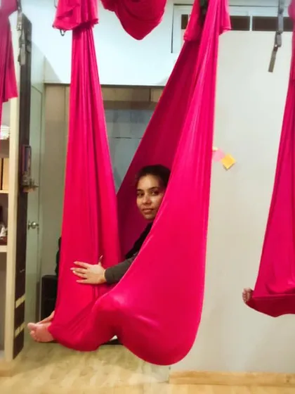 The best part of class for many is our final relaxation. Cocooned in the hammock for Shavasana feels like being gently held in a cloud. It is a moment of complete surrender, allowing your body and mind to absorb all the benefits of the practice.