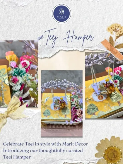 A collage celebrating my thoughtfully curated Teej Hamper. It's the perfect way to celebrate the festival in style, with every element designed to bring joy.