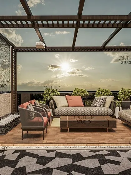 This party terrace is designed for making memories. The space includes a comfortable seating area under a pergola, a soothing water fountain wall, and a bold geometric flooring pattern that defines the space.