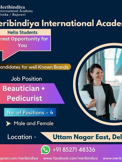 We are hiring four beauticians and pedicurists for a well-known brand in Uttam Nagar East, Delhi. This position is open to both male and female candidates.