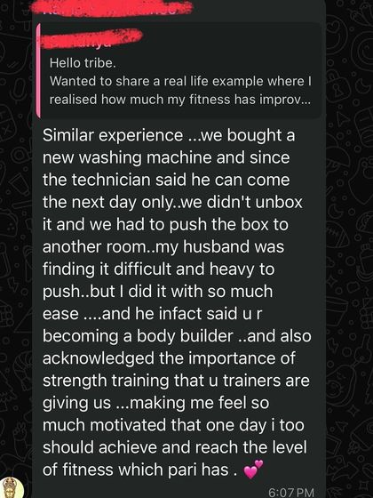 This member shares a real-life win: pushing a heavy washing machine box with ease, surprising her husband. It's a powerful example of how strength training translates to everyday life.