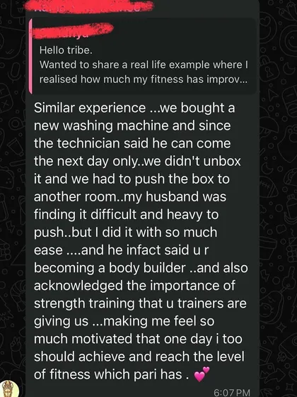 This member shares a real-life win: pushing a heavy washing machine box with ease, surprising her husband. It's a powerful example of how strength training translates to everyday life.