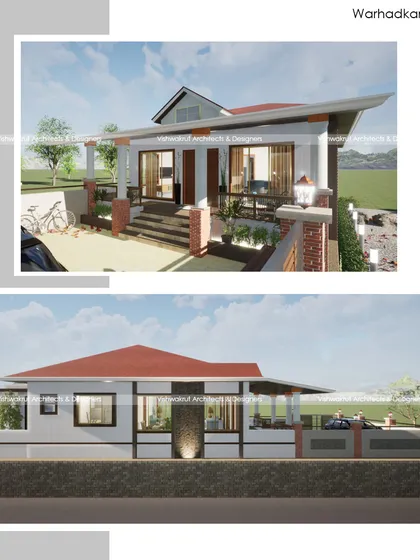 A collage showing two different views of the 'Warhadkar's House', including the front elevation and a side view. This provides a more complete picture of the traditional Kokani-inspired design.